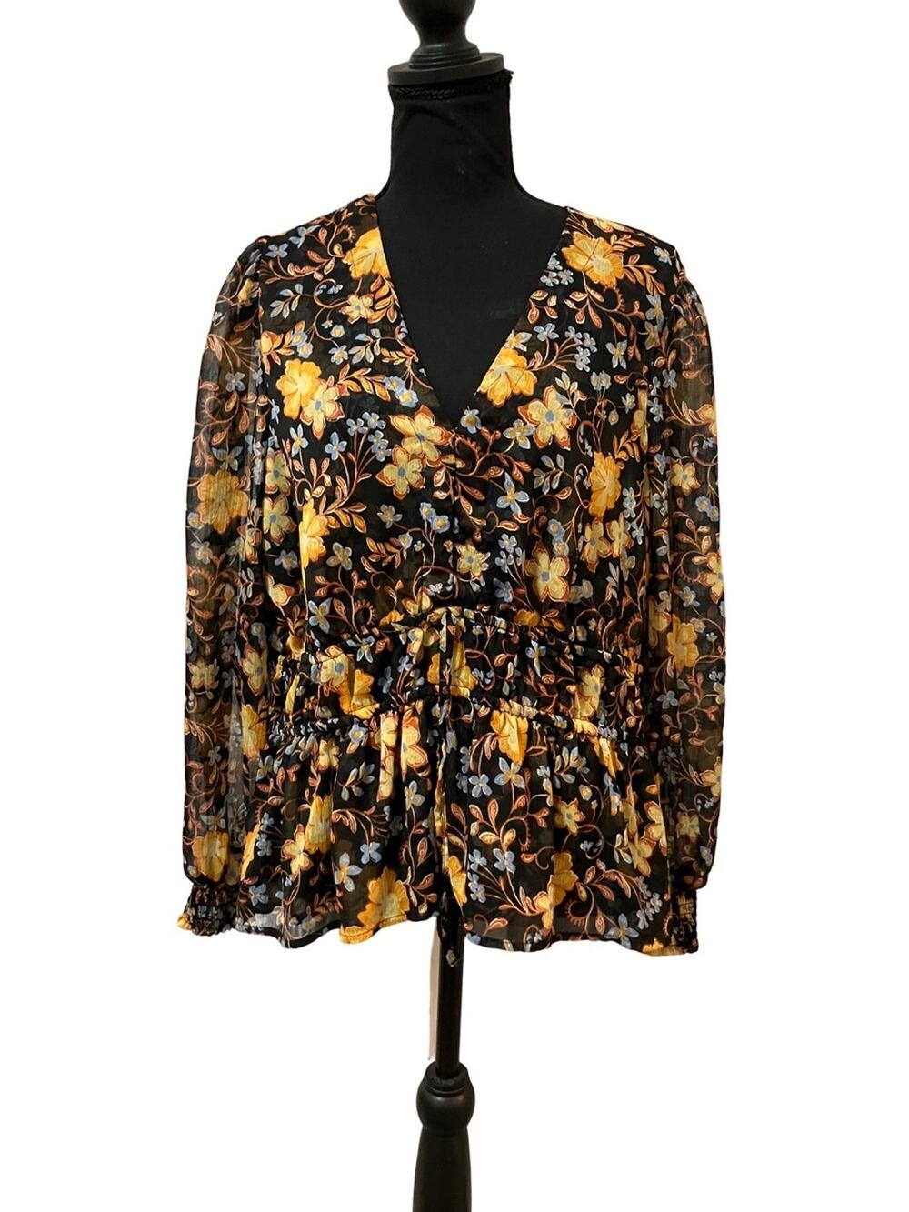 Old Navy Black Floral V-Neck Peplum Top with Yellow Accents XL